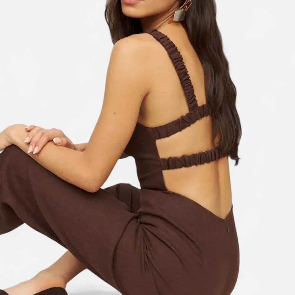 Reformation Harlow Linen Jumpsuit Size 4 | Brown Sustainable Minimal Chic